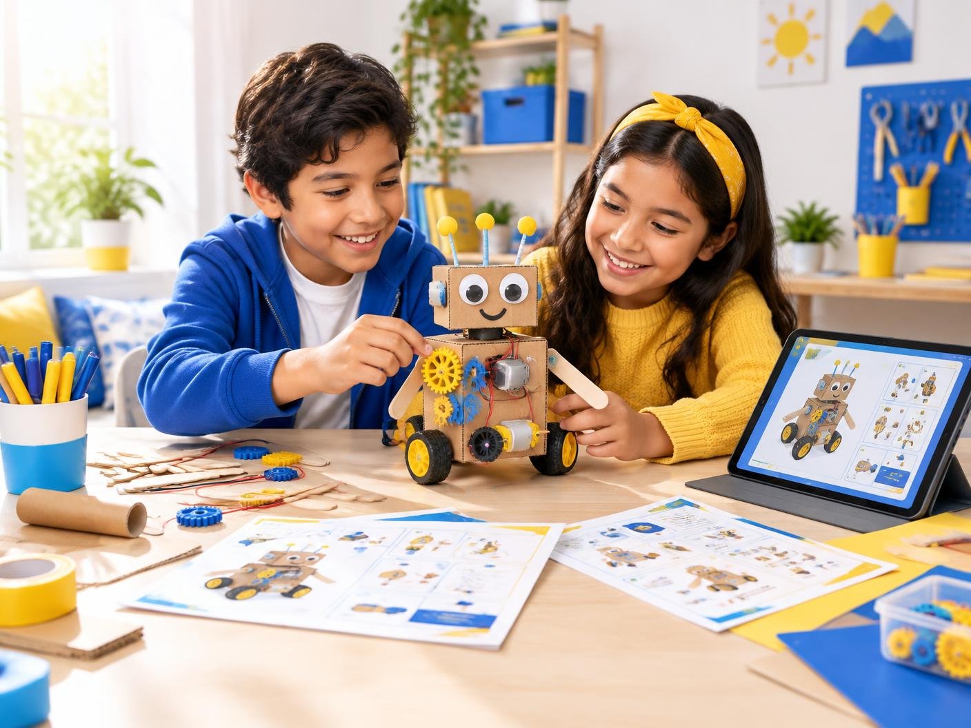 Dos niños construyendo un robot con materiales sencillos